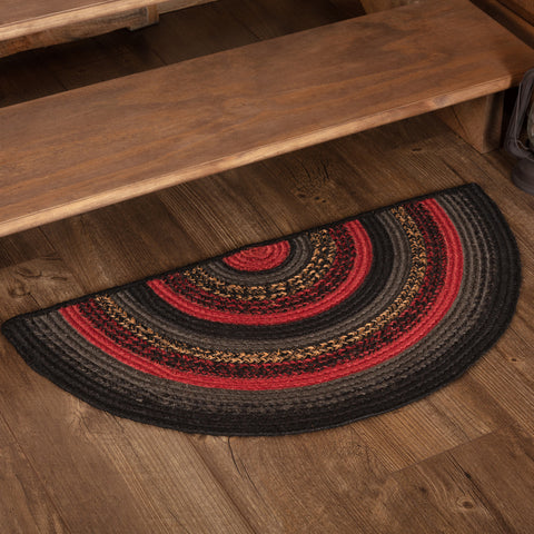 Cumberland Jute Rug Half Circle 16.5x33,  features chili pepper red, caviar black, and natural tan braided jute making it the perfect accessory for any rustic lodge or log cabin themed home. Primitive Country Farmhouse Home Decor.