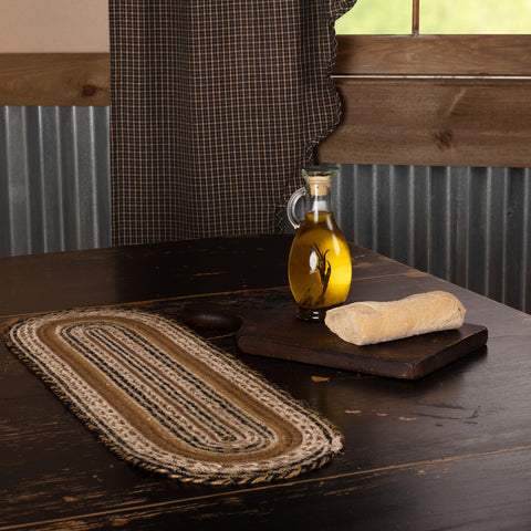 Kettle Grove Jute Runner 8x24, features alternating braids in black, warm creme and soft caramel brown. Primitive Country Farmhouse Kitchen Table Dining Home Decor.