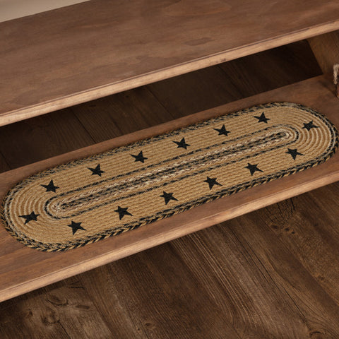 Kettle Grove Jute Stair Tread Stencil Stars Border Oval Latex 8.5x27,  featuring alternating braids in black, warm creme and soft caramel brown, surrounded by black stenciled primitive stars. Primitive Country Farmhouse Home Decor.