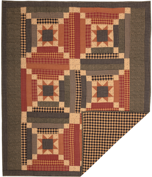 Maisie Quilted Throw 60x50, 8-point stars set in tan Irish chains of ditsy floral prints, Natural, Country Black, Burgundy, Primitive Country Farmhouse Blanket Bedding Home Decor.
