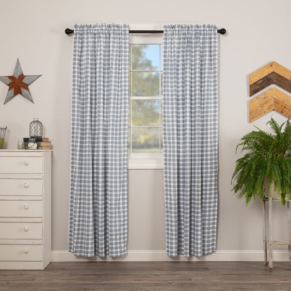 Sawyer Mill Blue Plaid Panel Set of 2 84x40, soft white under a tasteful large scale blue denim plaid, Primitive Country Farmhouse Window Treatments Curtains Home Decor.