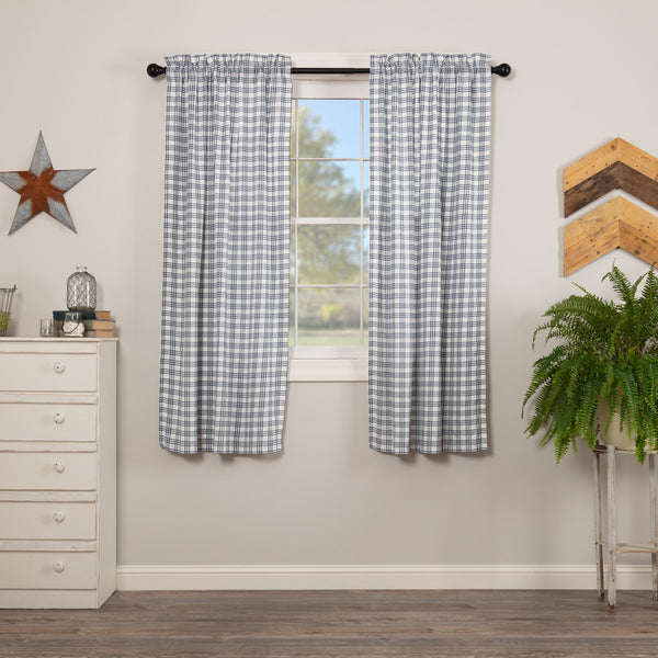 Sawyer Mill Blue Plaid Short Panel Set of 2 63x36, soft white under a tasteful large scale denim blue plaid, Primitive Country Farmhouse Window Treatments Curtains Home Decor.