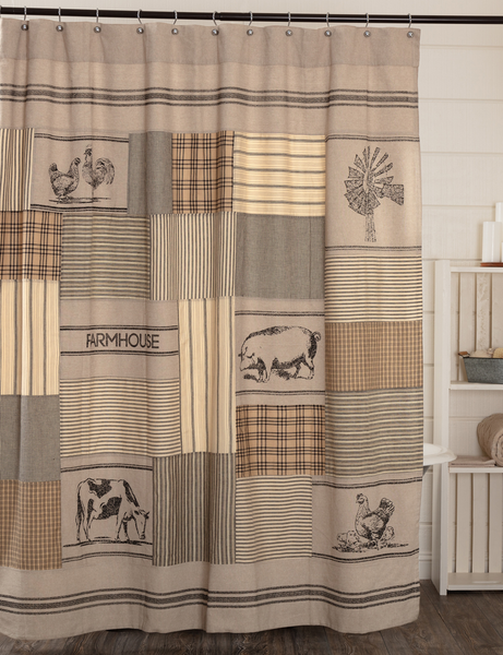 Sawyer Mill Charcoal Stenciled Patchwork Shower Curtain 72x72, Primitive Country Farmhouse Bathroom Bath Home Decor.