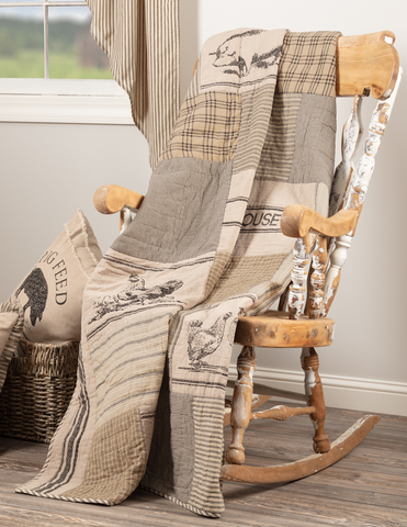 Sawyer Mill Charcoal Farm Animal Quilted Throw 60x50, stenciled, Pig, Cow, Chicken (Poultry), Windmill Farmhouse, charcoal grey, khaki, and creme fabrics with irregular block layout in various plaid and striped fabric. Primitive Country Bedding Quilted Home Decor. Chicken