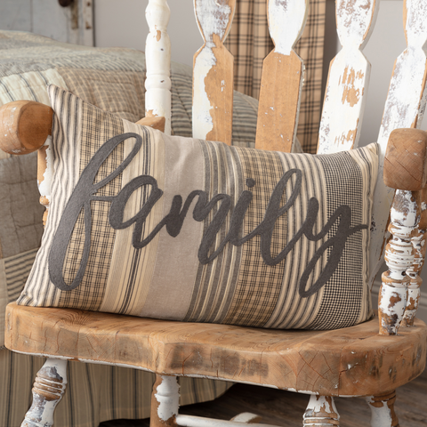 Sawyer Mill Charcoal Family Pillow 14x22,  alternating charcoal grey, khaki, and creme fabrics containing the word "Family" appliqued, Primitive Country Farmhouse Home Decor Bedding, Quilted.