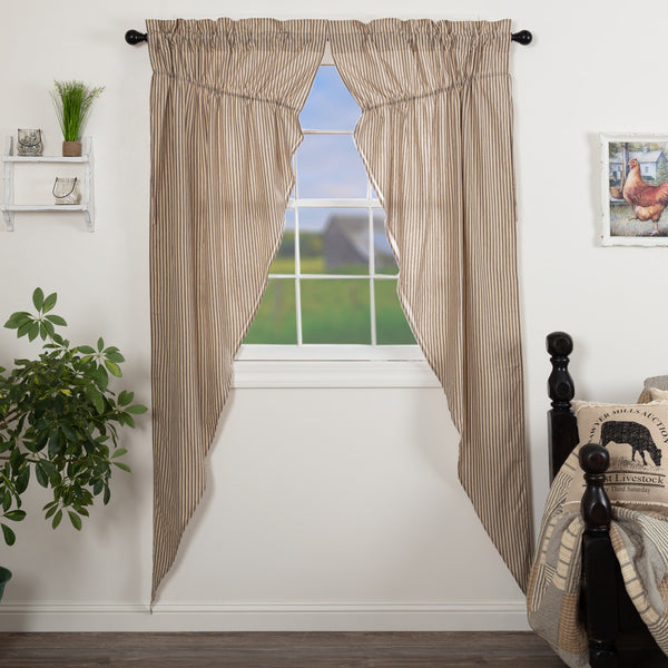 Sawyer Mill Charcoal Ticking Stripe Prairie Long Panel Set of 2 84x36x18, Featuring repeating, black ticking stripes woven into dark creme cotton base., Primitive Country Farmhouse Window Treatments Curtains Home Decor.