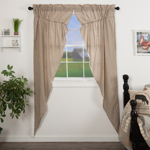 Sawyer Mill Charcoal Ticking Stripe Prairie Long Panel Set of 2 84x36x18, Featuring repeating, black ticking stripes woven into dark creme cotton base., Primitive Country Farmhouse Window Treatments Curtains Home Decor.