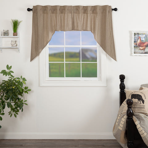 Sawyer Mill Charcoal Ticking Stripe Swag Set of 2 36x36x16, Featuring repeating, black ticking stripes woven into dark creme cotton base. Primitive Country Farmhouse Window Treatments Curtains Home Decor.