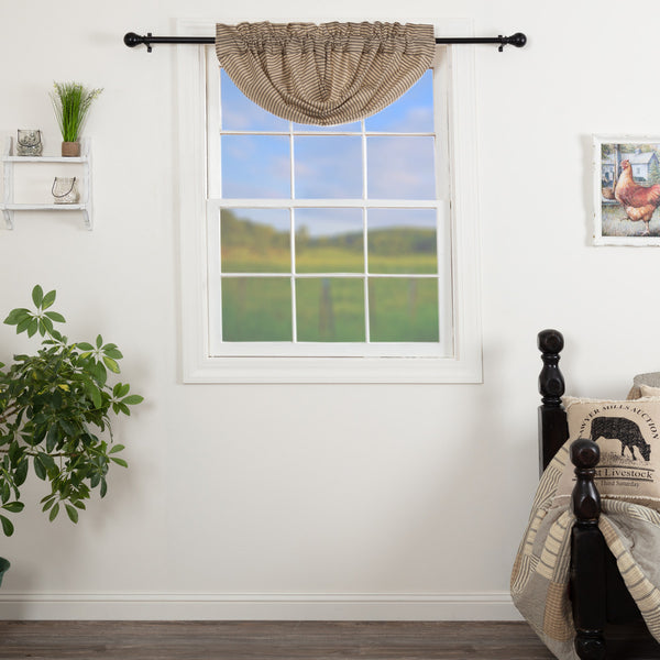 Sawyer Mill Charcoal Ticking Stripe Balloon Valance 15x60, epeating, black ticking stripes woven into dark creme cotton base. Primitive Country Farmhouse Window Treatments Curtains Home Decor.