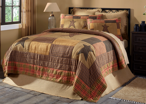 Stratton California King Quilt 130Wx115L, -point primitive star with patchwork block border and 4 corner stars, , Dark Khaki, Red-Orange, Country Black, Primitive Farmhouse Bedding Home Decor.