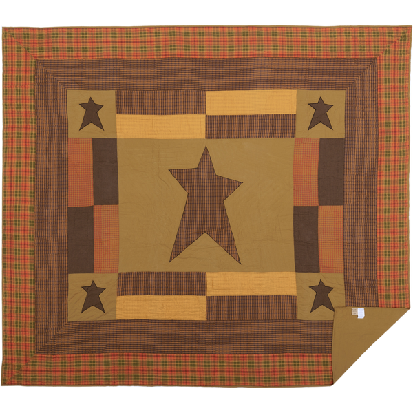 Stratton California King Quilt 130Wx115L, -point primitive star with patchwork block border and 4 corner stars, , Dark Khaki, Red-Orange, Country Black, Primitive Farmhouse Bedding Home Decor.