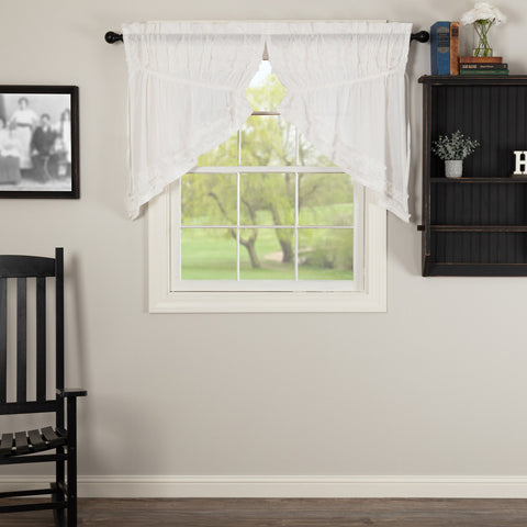 White Ruffled Sheer Petticoat Prairie Swag Set of 2 36x36x18, Featuring white sheer cambric with ruched ruffle. Primitive Country Farmhouse Window Treatments Curtains Home Decor.