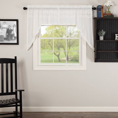 White Ruffled Sheer Petticoat Swag Set of 2 36x36x16, Featuring white sheer cambric with ruched ruffle. Primitive Country Farmhouse Window Treatments Curtains Home Decor.