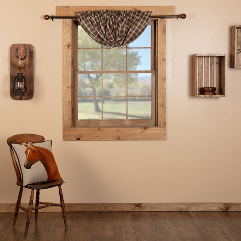 Wyatt Balloon Valance 15x60,  crimson, khaki, and espresso plaid. Primitive Country Farmhouse Window Treatments Curtains Home Decor.