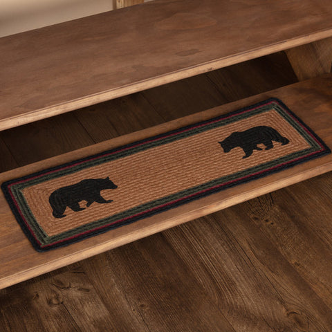 Wyatt Stenciled Bear Jute Stair Tread Rect Latex 8.5x27, features two black bears facing each other on a solid tan center with unique lodge colors of black, crimson, and army green on its soft and durable concentric jute braids. Primitive Country Farmhouse Home Decor.