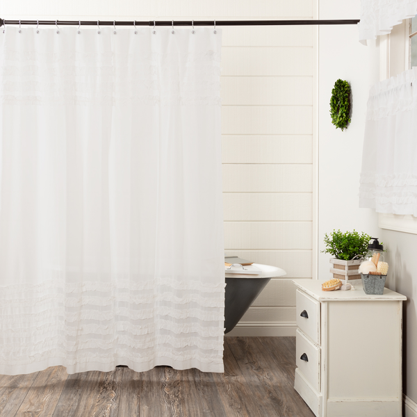 White Ruffled Sheer Petticoat Shower Curtain 72x72, Primitive Country Farmhouse Shower Bath Bathroom Home Decor.