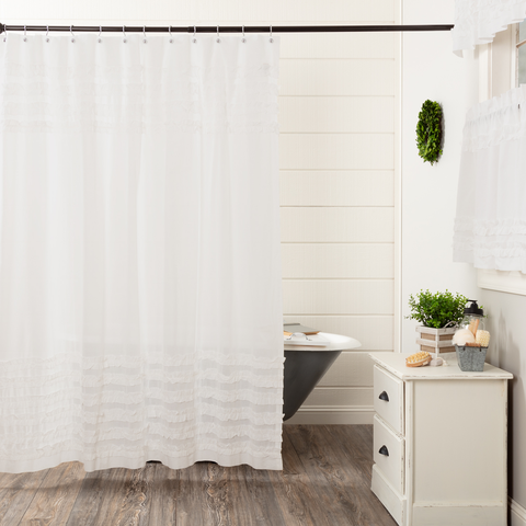 White Ruffled Sheer Petticoat Shower Curtain 72x72, Primitive Country Farmhouse Shower Bath Bathroom Home Decor.