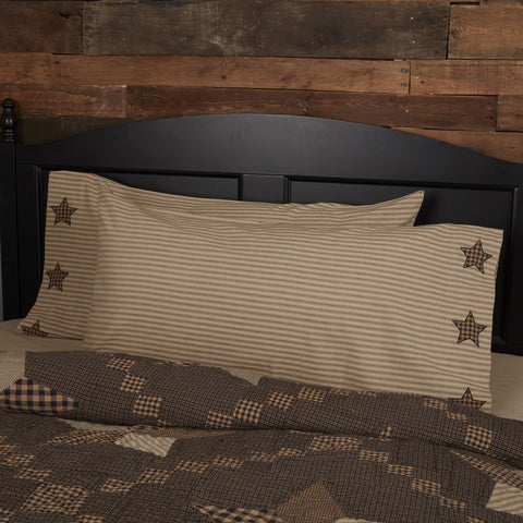 Farmhouse Star King Pillow Case w/Applique Star Set of 2 21x40, includes two pillow cases in a ticking stripe with 3 black check appliqued stars. Primitive Country Farmhouse Bedding Home Decor.