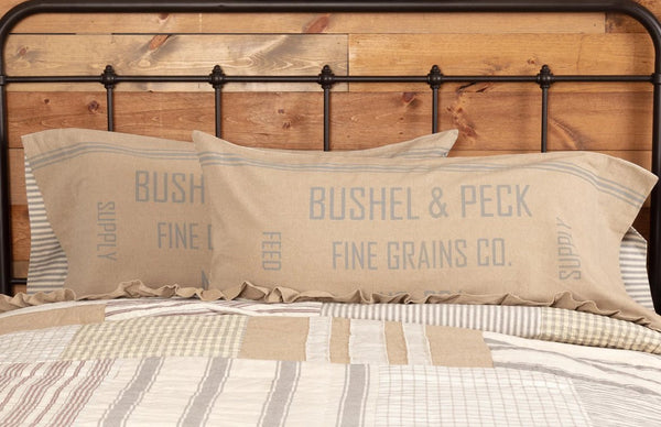 Grace Feed Sack King Pillow Case Set of 2 21x40, say "BUSHEL & PECK FINE GRAINS CO." with grainsack stripes running horizontally. reverses to ticking stripesPrimitive Country Farmhouse Bedding Home Decor.