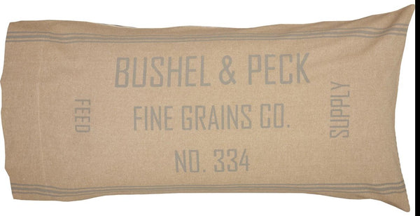 Grace Feed Sack King Pillow Case Set of 2 21x40, say "BUSHEL & PECK FINE GRAINS CO." with grainsack stripes running horizontally. reverses to ticking stripesPrimitive Country Farmhouse Bedding Home Decor.