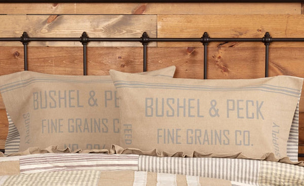 Grace Feed Sack Standard Pillow Case Set of 2 21x30 that say "BUSHEL & PECK FINE GRAINS CO." with grainsack stripes running horizontally. Primitive Country Farmhouse Bedding Home Decor.