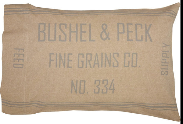 Grace Feed Sack Standard Pillow Case Set of 2 21x30 that say "BUSHEL & PECK FINE GRAINS CO." with grainsack stripes running horizontally. Primitive Country Farmhouse Bedding Home Decor.