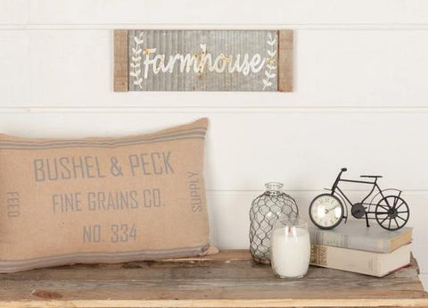 Grace Grain Sack Pillow 14x22, says "BUSHEL & PECK FINE GRAINS CO." with grainsack stripes running horizontally. Primitive Country Farmhouse Bedding Home Decor.