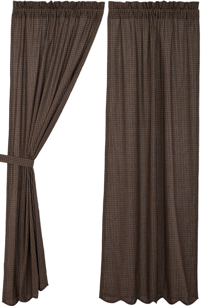 Kettle Grove Plaid Scalloped Panel set with its black and tan micro check fabric. Includes 2 matching tie backs. Add a classic country look to your home while controlling light with these lined curtains. Visit website for FREE s/h & discount offers. Primitive Country Farmhouse Window Treatments Curtains Home Decor.
