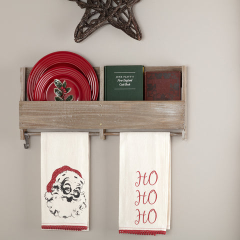 Chenille Christmas Ho Ho Ho Bleached White Muslin Tea Towel Set of 2 19x28, Featuring an antique creme background with beautifully embroidered "Ho Ho Ho" on one towel and a vintage Santa stenciled on the other. Primitive Country Farmhouse Christmas Kitchen Home Decor.