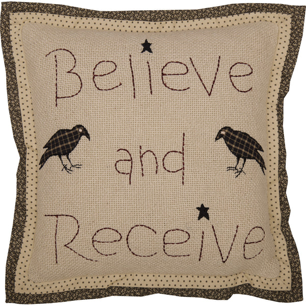 The Kettle Grove Believe Receive Pillow beautifully embroidered "Believe and Receive" in burgundy on a vintage tan background surrounded by primitive crows designed in plaid. Primitive Country FArmhouse Christmas Holiday Bedding Home Decor.