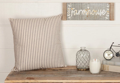 Grace Ticking Stripe Pillow 18x18, Creme, Nickel Grey ticking stripes. Primitive Country Farmhouse Bedding Home Decor.