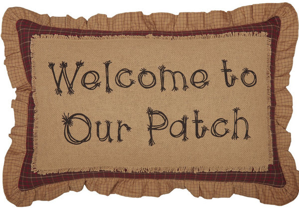 Landon Welcome to Our Patch Pillow 14x22 features "Welcome To Our Patch" stenciled onto burlap with plaid details from the Landon Quilt Collection in colors of Khaki, Barn Red, Chocolate Brown. Primitive Country Farmhouse Bedding Home Decor.