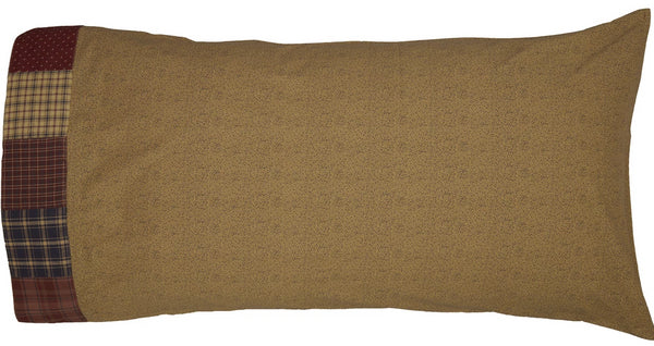 Millsboro King Pillow Case Set of 2 21x40, Navy ditsy print over tan with a 4 inch trim of assorted plaids in block borders at the opening. Primitive Country Farmhouse Bedding Home Decor.