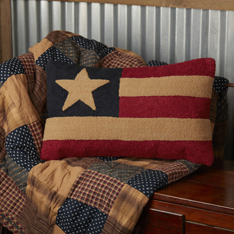 Patriotic Patch Flag Hooked Pillow 14x22, Deep Red, Dark Tan, Navy, Primitive Country Farmhouse Americana Home decor.