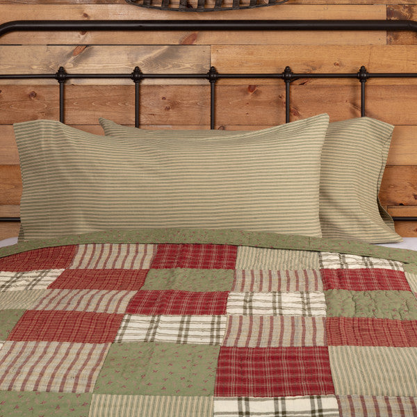 Prairie Winds Green Ticking Stripe King Pillow Case Set of 2 21x40, Muted bronze green stripes on a pale khaki background. Primitive Country Farmhouse Bedding Home Decor.