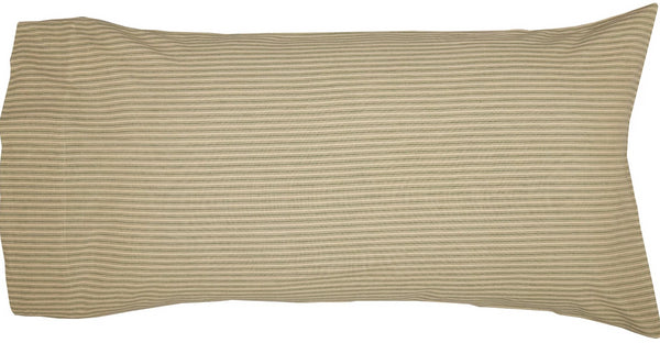 Prairie Winds Green Ticking Stripe King Pillow Case Set of 2 21x40, Muted bronze green stripes on a pale khaki background. Primitive Country Farmhouse Bedding Home Decor.