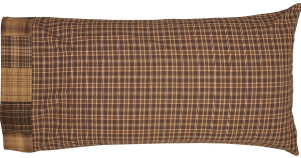 Prescott King Pillow Case Block Border Set of 2 21x40, earth tone green, dark brown and creme plaid. Primitive Country Farmhouse Bedding Home Decor.