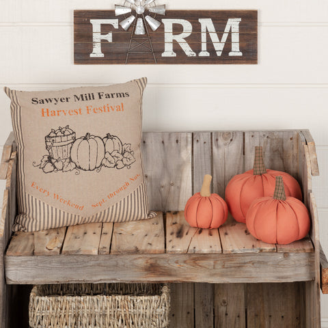 Sawyer Mill Charcoal Harvest Festival Pillow 18x18, featuring fall pumpkins and a basket of apples in a distressed appearance. Primitive Country Farmhouse Bedding Home Decor, Fall.