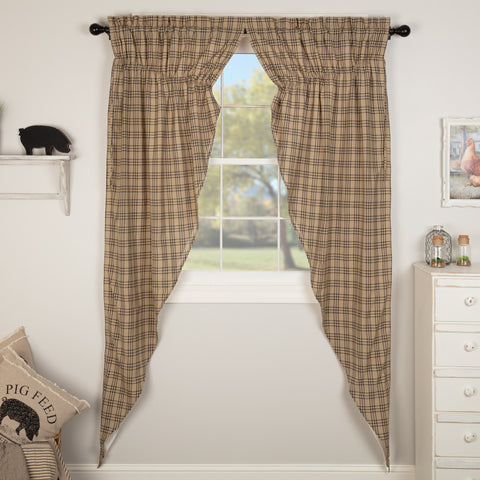 Sawyer Mill Charcoal Plaid Prairie Long Panel Curtain Set of 2 84x36x18, base is a dark tan under a tasteful large scale black plaid. Primitive Country Farmhouse Window Treatments Curtains Home Decor.