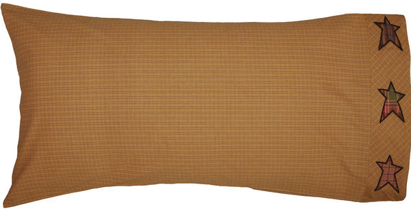 Stratton King Pillow Case w/Applique Star Set of 2 21x40, Dark Khaki, Red-Orange, Country Black, Finished with 5-point plaid stars on the opening en. Primitive Country Farmhouse Bedding Home Decor.