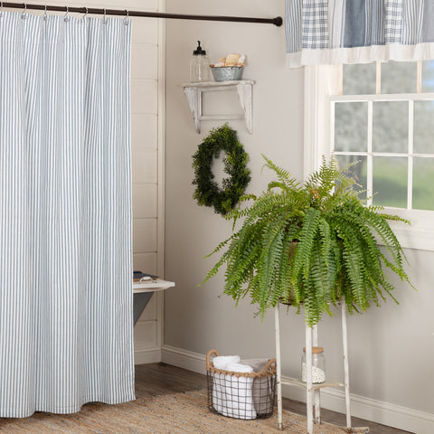 Sawyer Mill Blue Ticking Stripe Shower Curtain 72x72, Denim Blue, Soft White. Primitive Country Farmhouse Bath Bathroom Home Decor.