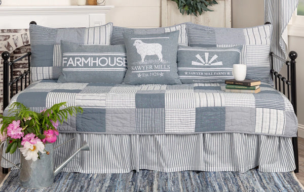 Sawyer Mill Blue 5pc Daybed Quilt Set (1 Quilt, 1 Bed Skirt, 3 Standard Shams), denim blue, and soft white fabrics with simple brick layout in various plaid and striped Farmhouse fabrics. Primitive Country Farmhouse Bedding Home Decor.