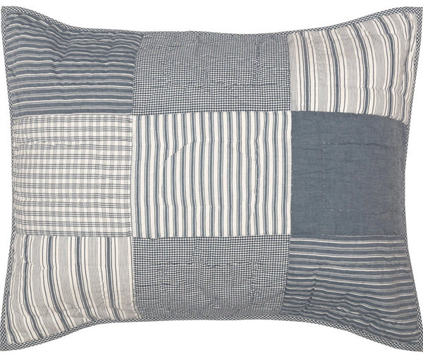 Sawyer Mill Blue 5pc Daybed Quilt Set (1 Quilt, 1 Bed Skirt, 3 Standard Shams), denim blue, and soft white fabrics with simple brick layout in various plaid and striped Farmhouse fabrics. Primitive Country Farmhouse Bedding Home Decor.