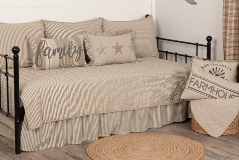 Sawyer Mill Charcoal Ticking Stripe 5pc Daybed Quilt Set (1 Quilt, 1 Bed Skirt, 3 Standard Shams), featuring vertical channel hand-quilting with repeating ticking stripe woven into solid cotton base. Primitive Country Farmhouse Bedding Home Decor.