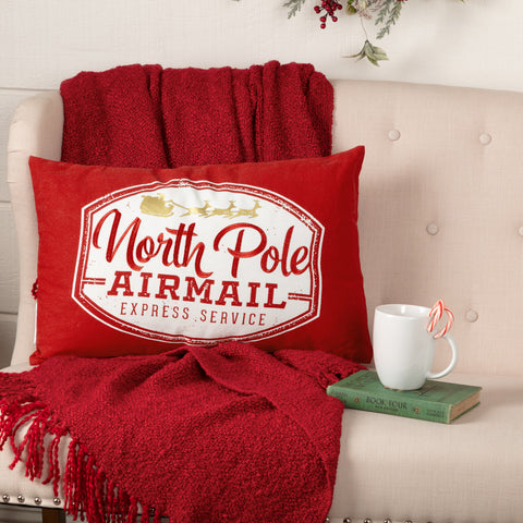 North Pole Airmail Pillow 14x22,  "North Pole", "Airmail" and "Express Service" in cherry red with a gold appliqued silhouette of Santa's sleigh and reindeer. Primitive Country Farmhouse Christmas Holiday Home Decor.