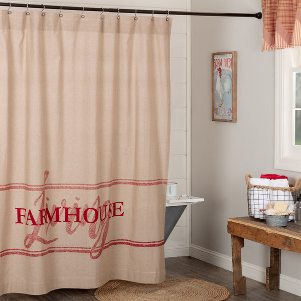 Sawyer Mill Red Farmhouse Living Shower Curtain 72x72, Red distressed lettering on a tan chambray background is framed by stripes reminiscent to those found on rustic grain sacks. Primitive Country Farmhouse Bath Bathroom Home Decor.