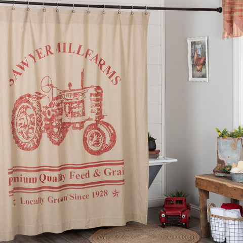 Sawyer Mill Red Tractor Shower Curtain 72x72, epicting a weathered tractor in a vintage fashion. Primitive Country Farmhouse Bath Bathroom home Decor.