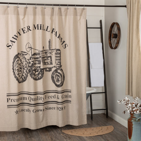 Sawyer Mill Charcoal Tractor Shower Curtain 72x72,  lends country appeal to your bath. Primitive Country Farmhouse Bath Bathroom Home Decor.