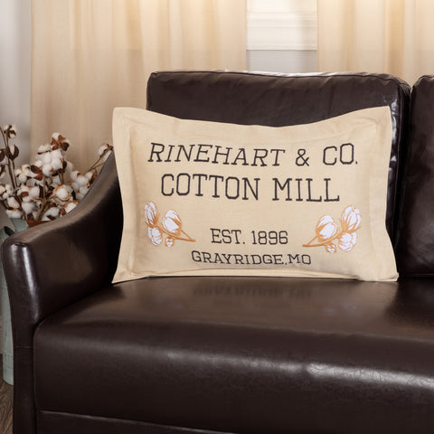 Ashmont Cotton Mill Co. Pillow 14x22 featuring embroidered vintage lettering with the words "Rinehart & Co Cotton Mill Est 1896 Grayridge MO" with cotton branches on either side.