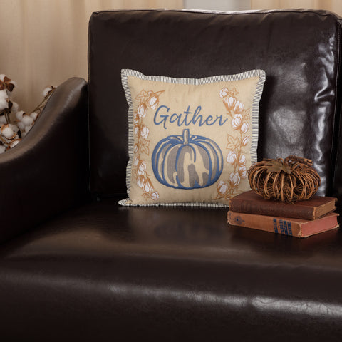 Ashmont Gather Pillow 12x12 featuring embroidery of a pumpkin with cotton surround it with the word "Gather".  Primitive Country Farmhouse Home Fall.